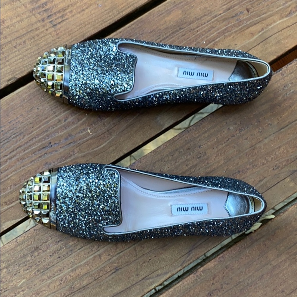 Miu Miu Studded glitter leather Loafers 38.5 NEW